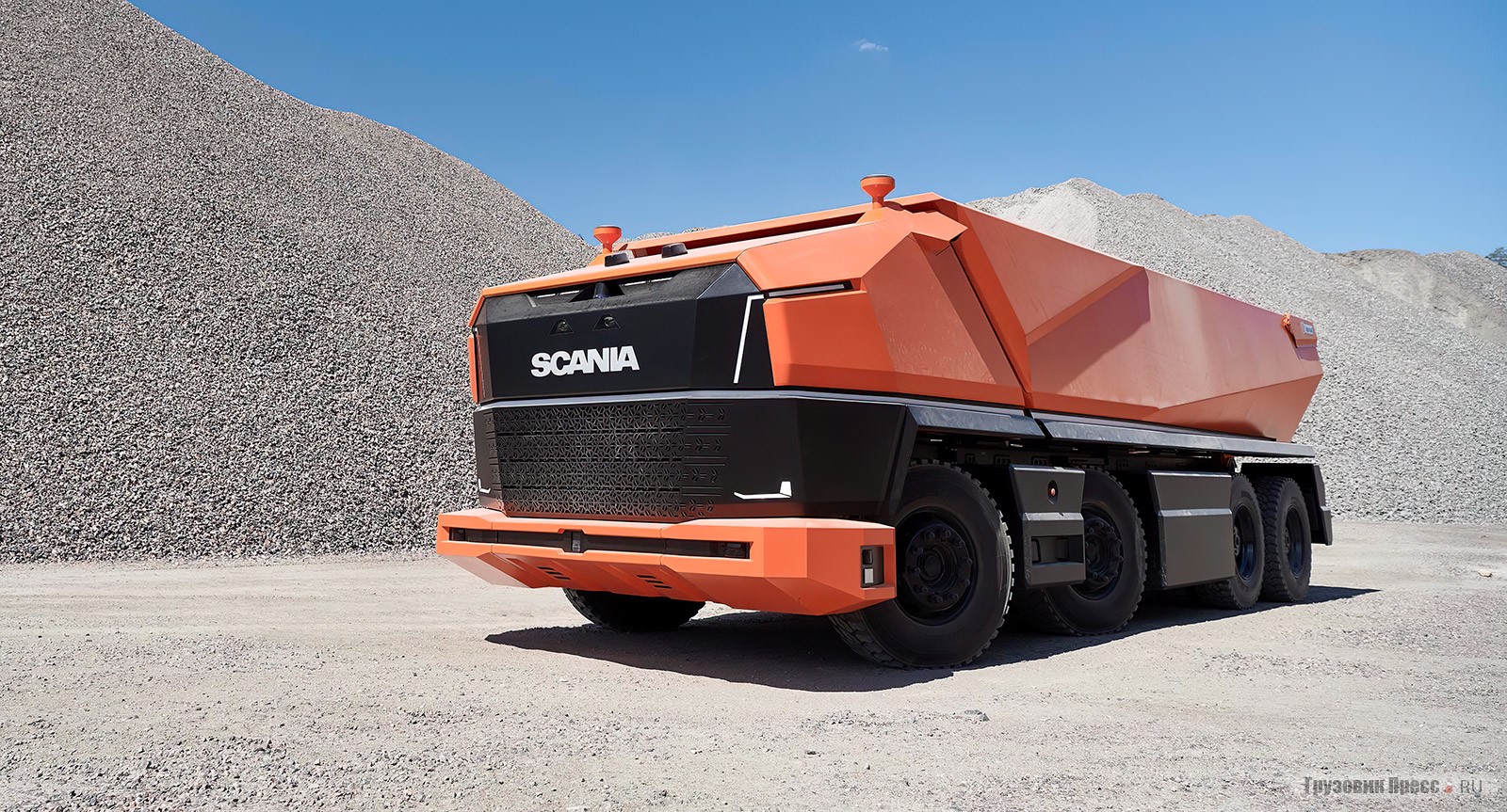 Автономный концептуальный грузовик Scania AXL
не электрический, но его базовая платформа вполне
позволяет перевести его на такое топливо
