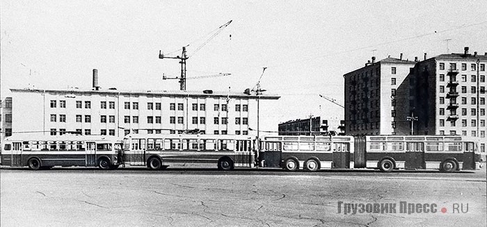 Основные типы московских троллейбусов 1950-1960 гг. Слева направо: МТБ-82, ЗИУ-5 и СВАРЗ ТС-1