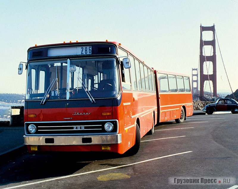 Фото для рекламного буклета. Ikarus 286.K1 на фоне моста Золотые Ворота, Сан-Франциско. США