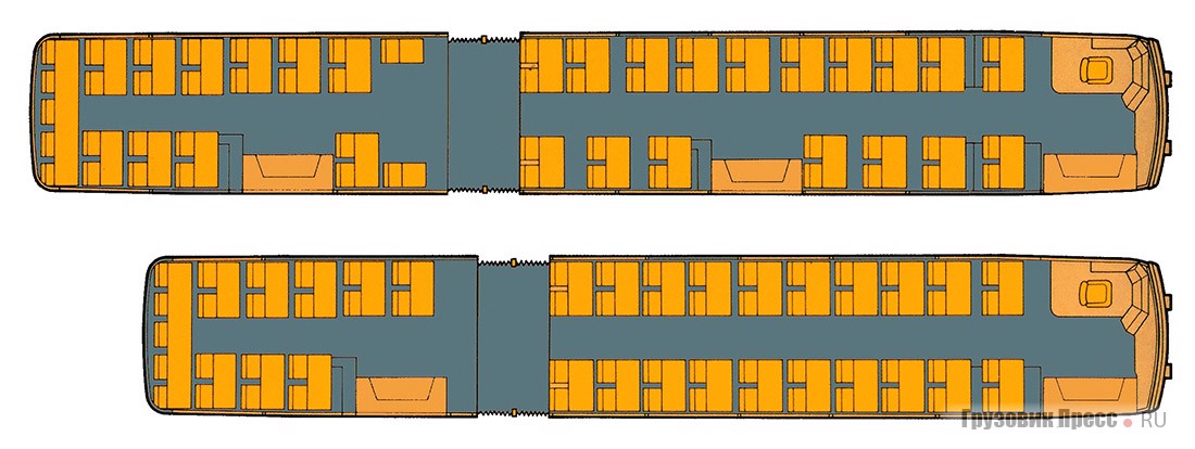 Схема салона Crown-Ikarus 286 при длине 60 футов (17960 мм) и 55 футов (16500 мм)