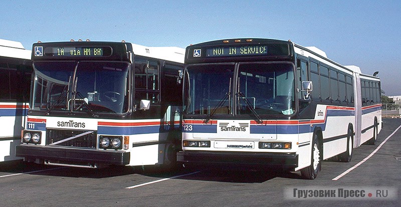  Автобусы Volvo B10MA и Neoplan USA AN460A вместе работают в транспортной компании SamTrans