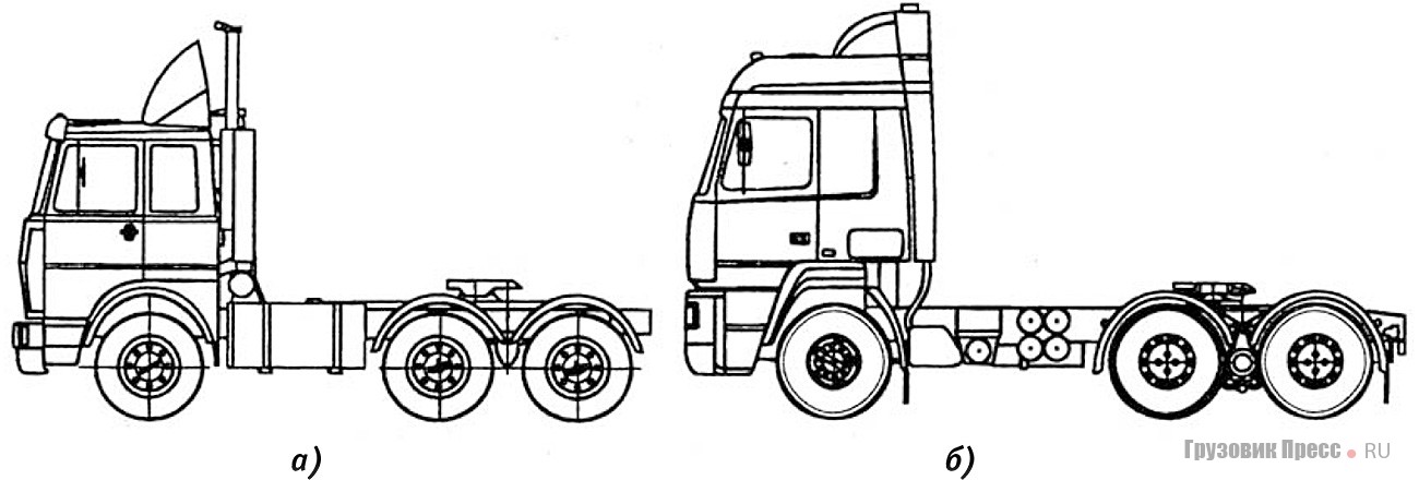 Седельный тягач МАЗ-6422 с низкой кабиной (а); седельный тягач нового поколения МАЗ-6430 с кабиной увеличенной высоты (б)