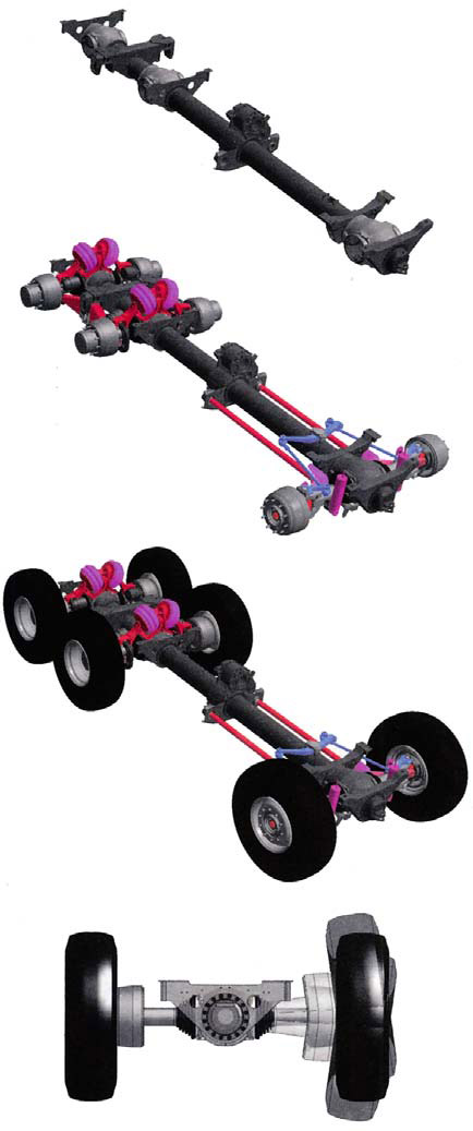 Рама-труба трехосного автомобиля с качающимися полуосями и независимой торсионной подвеской передних колес