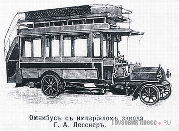 Этот рисунок автобуса из прейскуранта общества «Лесснер» скопирован с каталога фирмы «Daimler». По русским дорогам он не ездил. И рисунки машин с рекламными объявлениями «Лесснера» взяты из немецких каталогов разных лет.