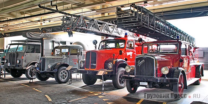 [b]Все экспонаты в музее Oldtimer Club Saurer на ходу.[/b] На первом плане – 30-метровая пожарная лестница производства Carl Metz на шасси 5-тонного Saurer BL выпуска 1936 г. с несвойственными для своего времени массивными шинами Dunlop. Под капотом – 8,5-литровый шестицилиндровый карбюраторный двигатель мощностью 100 л.с. Автомобиль подарила пожарная команда города Шаффхаузен, знаменитого штаб-квартирой известной часовой компании IWC и ещё тем, что в нём находится крупнейший в Европе водопад. Экспозиция музея постоянно обновляется, поэтому в следующий раз на этом месте можно будет увидеть другие автомобили