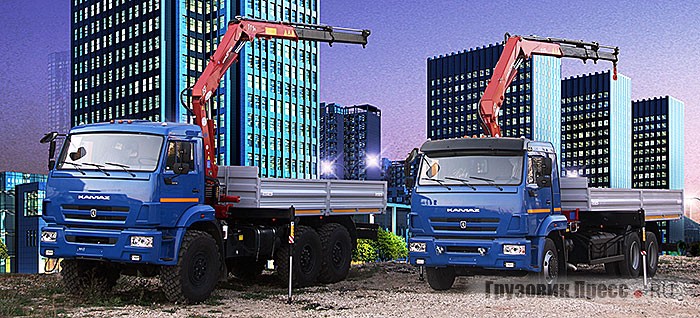 Автомобиль «Чайка-Сервис 2784LW» с надстройками «Чайка-Amco Veba 111 2s» с оптимизированными характеристиками установлены на шасси внедорожного КАМАЗ-43118-46 с 300-сильным турбодизелем (слева) и «Чайка-Сервис 2784LV» изготовлена на шасси магистрального грузовика КАМАЗ-65117, на который установлена 6,8-метровая бортовая платформа и кран-манипулятор «Чайка-Amco Veba 115 3s» (справа)