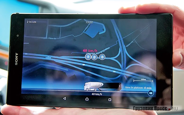 На этом планшете у водителя и на мониторе удалённого контроля демонстрируется связь и параметры движения автопоездов в колонне. Технология делает возможным одновременное информирование всех участников автоколонны о дорожной ситуации. Так, например, видеокамера головного автомобиля снимает дорожную ситуацию перед грузовым автомобилем и передаёт изображение на мониторы следующих за ним машин. В свою очередь члены автоколонны могут в любое время увидеть на мониторе собственное положение в этой системе