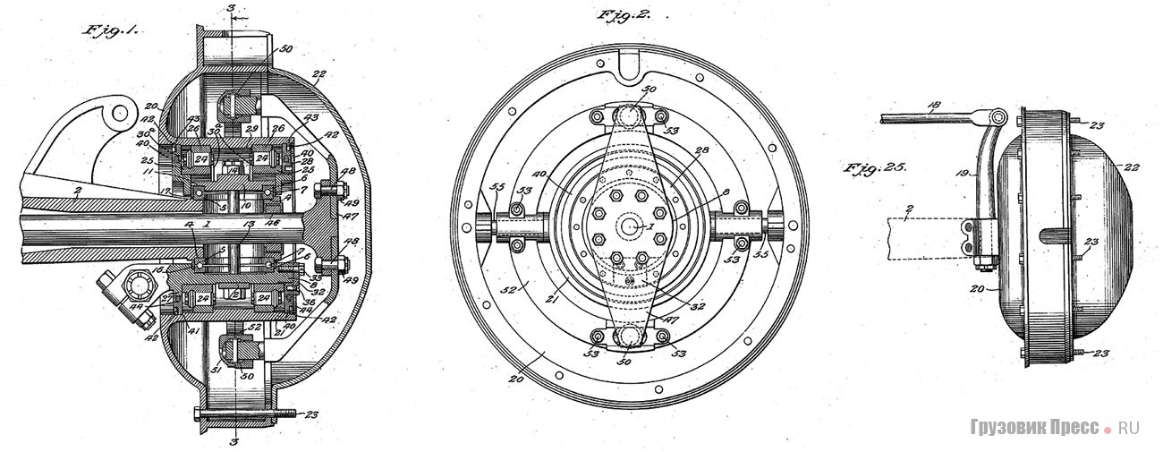 Схема привода передних управляемых колёс, разработанного Харлеем Холмсом. Из патентной заявки 1923 г.