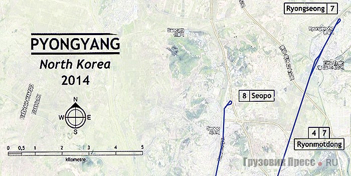 Карта Пхеньяна со схемами движения городского транспорта и местами их хранения