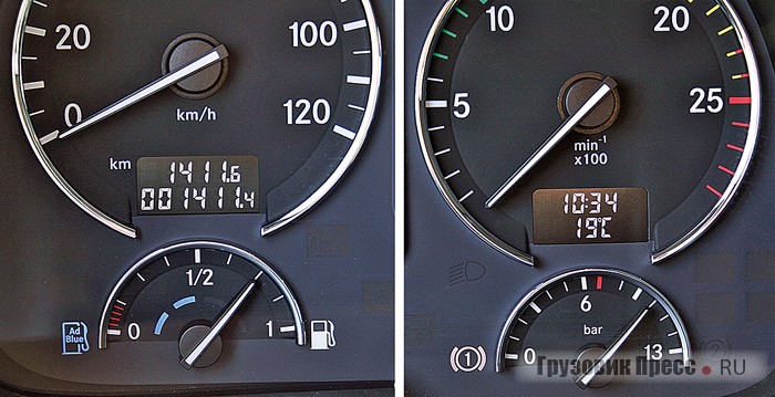 Стрелочные указатели хорошо сочетаются с электронным одометром (слева), компактными часами и термометром