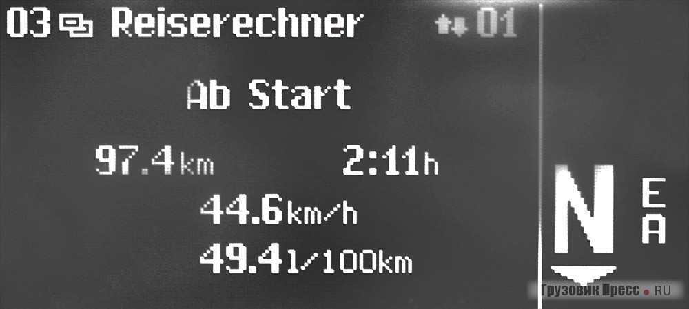 Борткомпьютер показал: 97,4 км я проехал за 2 ч 11 мин со средней скоростью 44,6 км/ч и расходом топлива 49,4 л/ 100 км