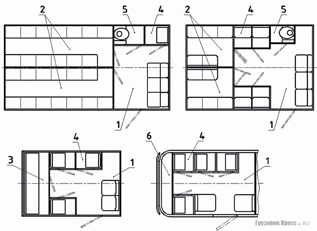 Примеры планировки современных спецавтомобилей «АЗ» по ПР 78.01.0024–2016: 1 – помещение конвоя; 2, 3 – общие камеры; 4 – одиночная камера; 5 – туалетная кабина (может быть совмещена с одиночной камерой); 6 – вспомогательный отсек. На правой верхней схеме – смешанная планировка, появившаяся только в 2010-х годах