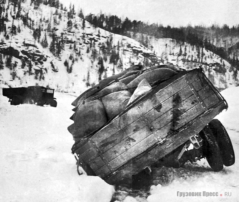 Трёхтоннки ЗИС-5 на Якутском тракте – иногда случались аварии. 30-е гг.