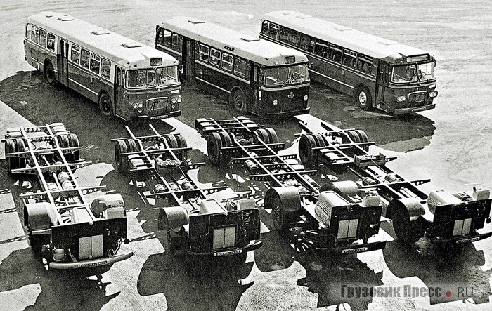 Модельный ряд автобусов и шасси Scania-Vabis в 1964 г.: в верхнем ряду слева направо – CF76, C76, CF76L; в нижнем ряду слева направо – BF56, B56, BF76, B76