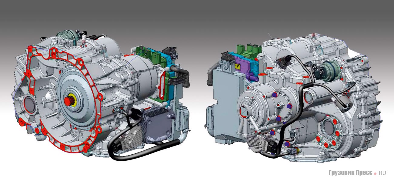 Трансмиссия DT2. Зелёным и синим выделен блок управления электромотором 48 В