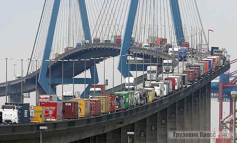 Пробка грузовиков на мосту Кёльбрандбрюкке в торговом порту Гамбурга. Фото: DPA