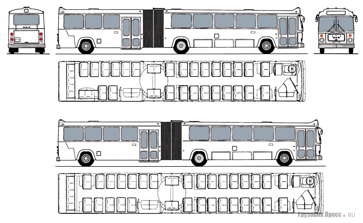 Схема автобуса MAN SG 220 длиной 55 футов (16 500 мм) (вверху) и 60 футов (18 100 мм) (внизу)